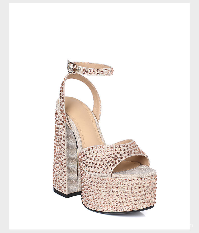 Sandal nữ siêu cao gót da thật đế dày chống trượt đính đá rhinestone gót 15 cm — Rượu sâm banh chi tiết 18