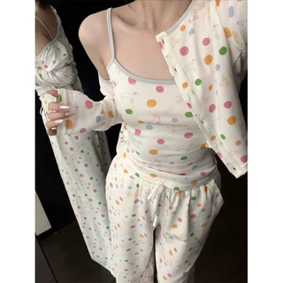 可爱少女卡通睡衣女春秋新款波点开衫吊带长裤家居服三件套可外穿