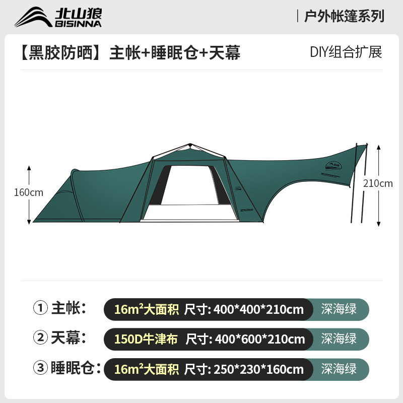 北山狼黒胶速开免ドーム天幕テント屋外キャンプ装备超大スペース日よけ日よけ