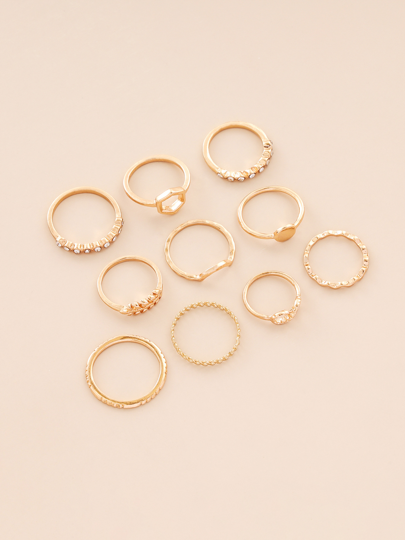 Foreign Trade Hot Selling Personalized Simple Geometric Round Eight-character Leaves Corrugated Ribon Diamond Retro Knuckle Ring 10 Pcs Set display picture 4