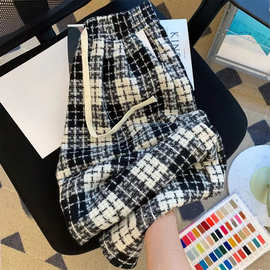 2024毛呢格子裤高腰垂感直筒裤美式复古黑白格子休闲裤子