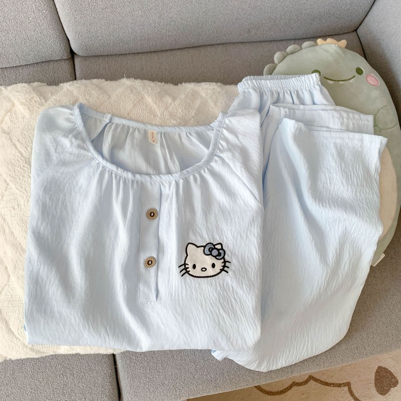 卡通KT猫长袖长裤春秋季睡衣女款云朵棉圆领可爱学生家居服套装|undefined