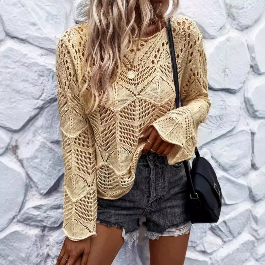 Внешняя торговля Трансграничная Европа, Европа и Амазонка производитель свитер женский с круглым вырезом с длинным рукавом с полым рукавом свитер на пляже летом