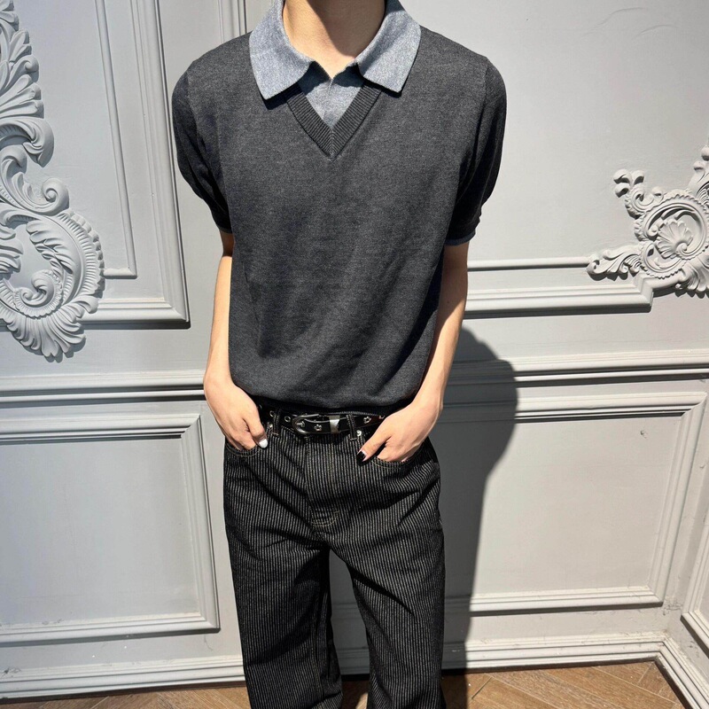 Iwtff Ice-Feel Wool Acetate Blend Double V Seagull Collar Faux Two-Piece Elegant Relaxed Old Money Style Knit Short Sleeve