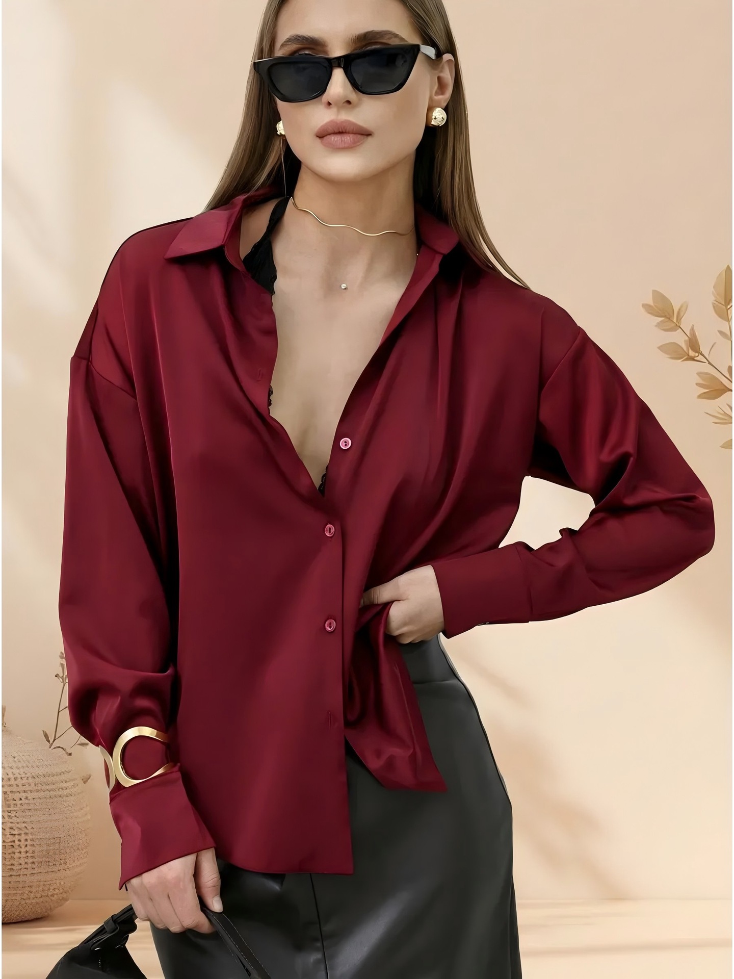 Women's Solid Color Acetate Long Sleeve Shirt Spring New Arrival Silky Satin Feel Wrinkle Resistant Drapey Texture Basic Top_ecoleips.com