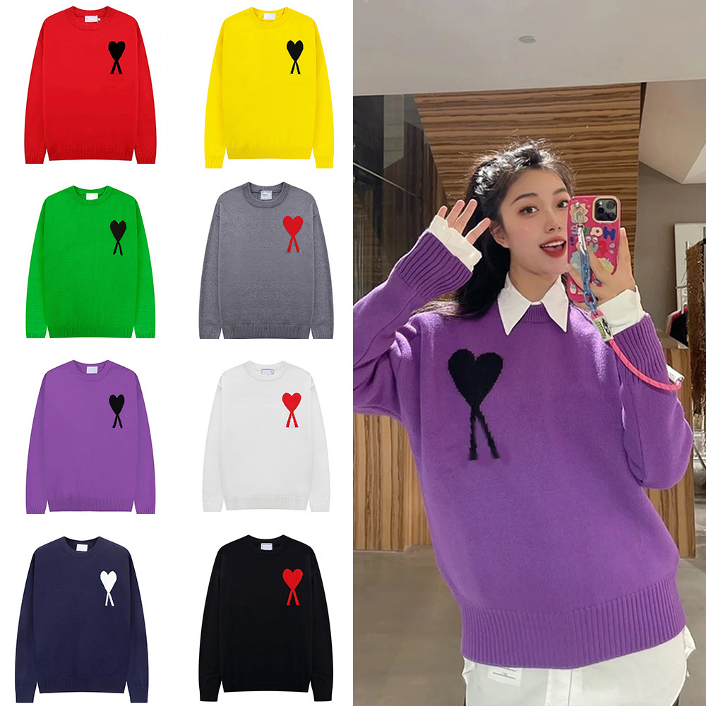 秋冬新款圆领红心毛衣男女同款提花爱心AMl CLAMS休闲套头针织衫
