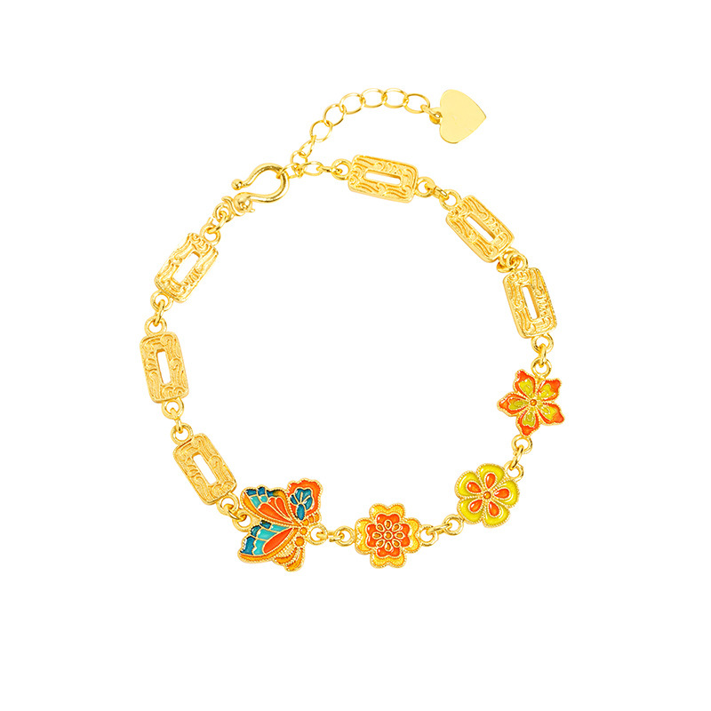 Nuevo estilo chino vietnamita pulsera de oro arena estilo palacio esmalte mariposa flores pulsera femininidad bronce dorado joyas de mano