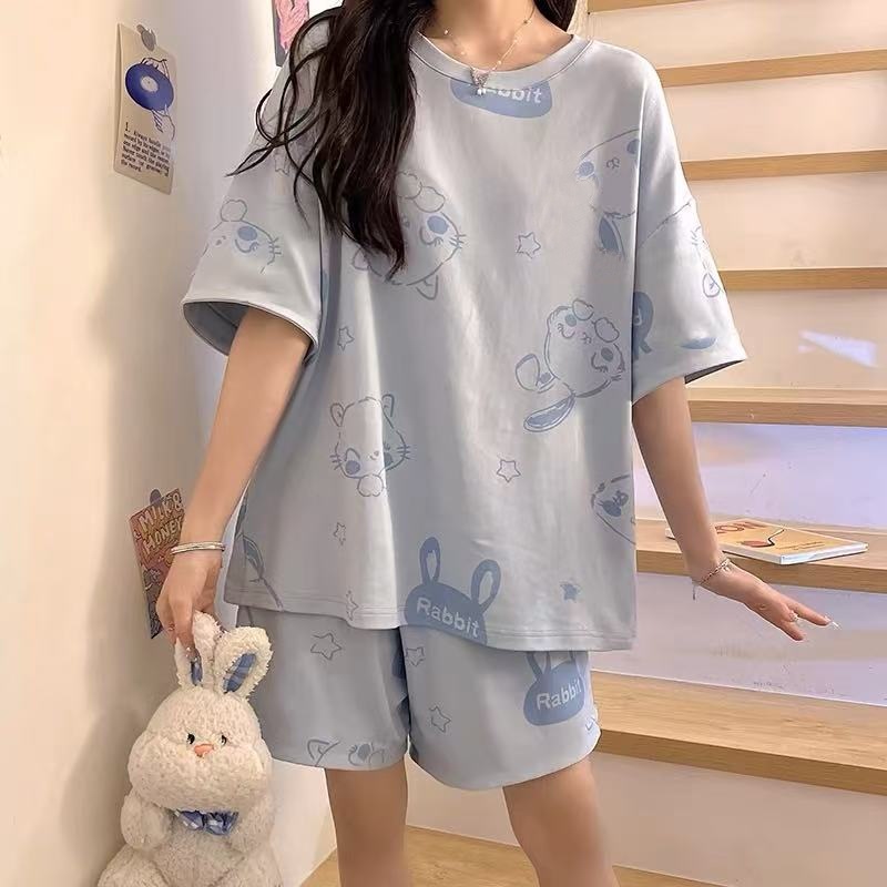 Pijama de mujer de verano de manga corta pantalones cortos delgados en 2025 nuevo conjunto de ropa de casa de dibujos animados de verano para mujeres se puede usar fuera