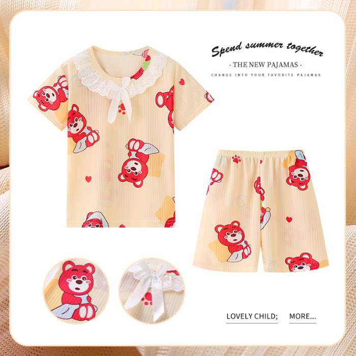 Pijamas de las niñas de verano de dibujos animados para niños de manga corta princesa estilo lindo Delgado medio y grande desgaste del hogar de los niños traje de encaje al por mayor