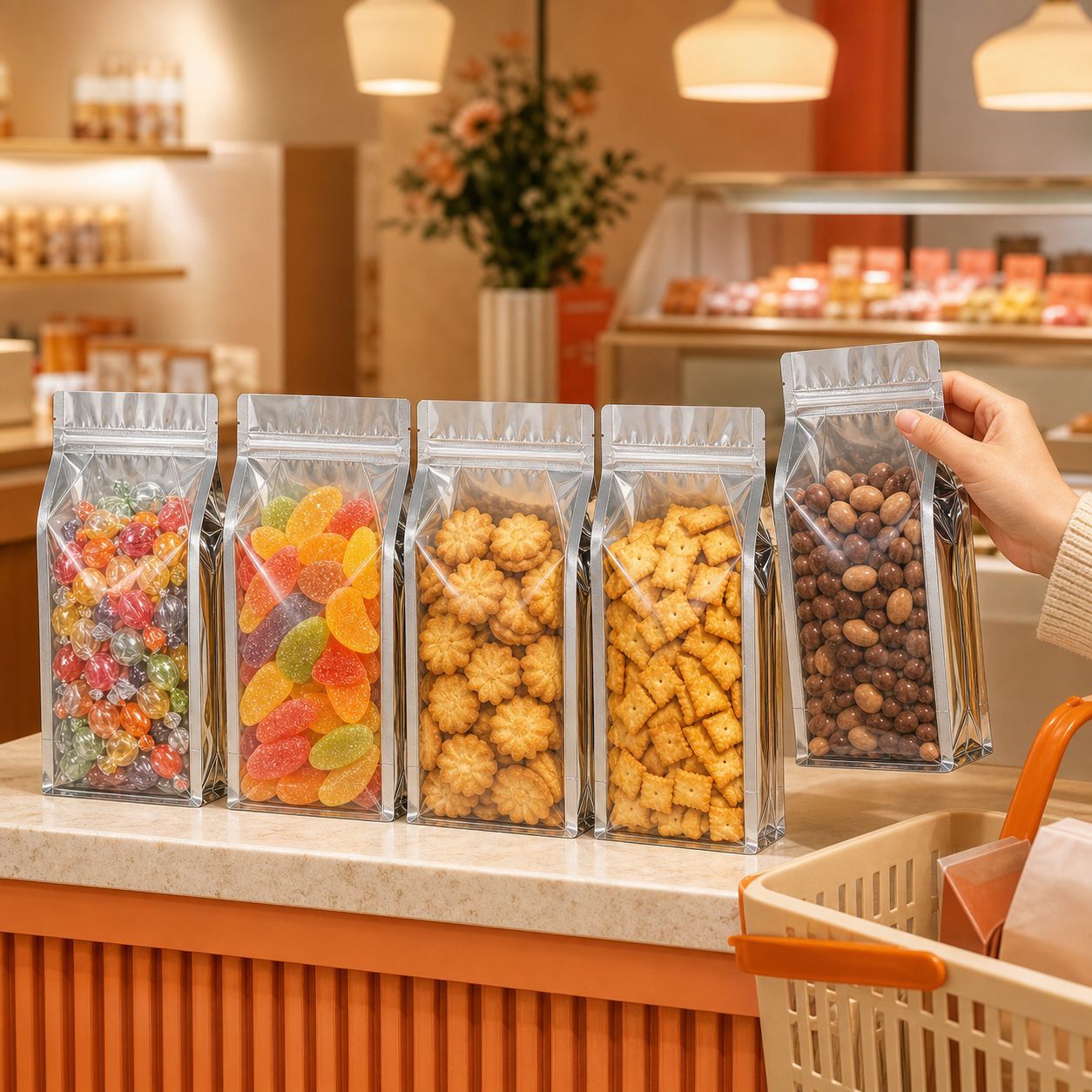 アルミ箔八角形密封袋、厚手透明窓付き自立袋、スナック、ナツメヤシ、乾物、茶葉、食品包装袋