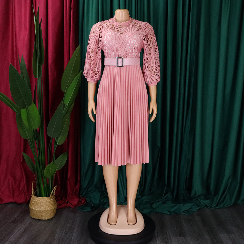 Women's Lace Hook Dress Hollow Pleated Stitching New Clothing_ecoleips.com