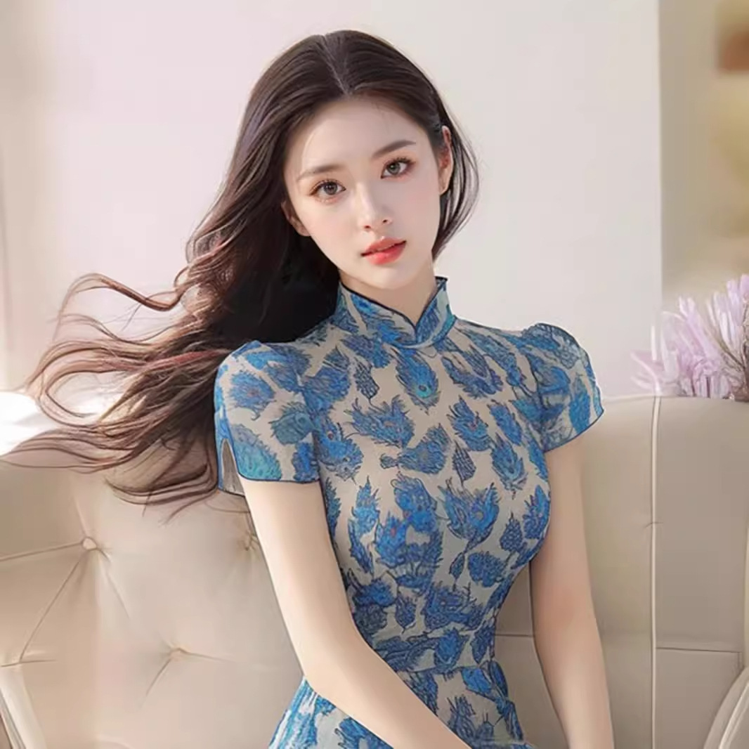 Váy dài phong cách Trung Quốc mới mùa hè FL240348 in hoa xanh lam thắt eo — Màu xanh lam