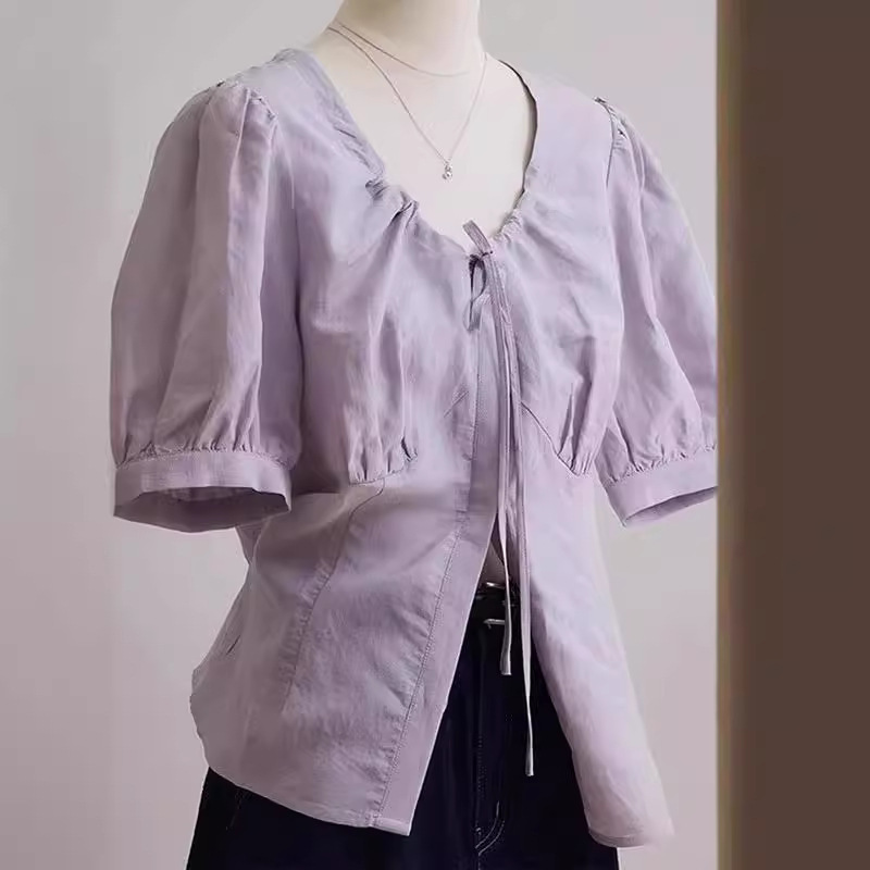 French Design Sense Niche V-neck Slimming Short-sleeved Shirt Women's Summer 2024 New Style Linen Top Trendy