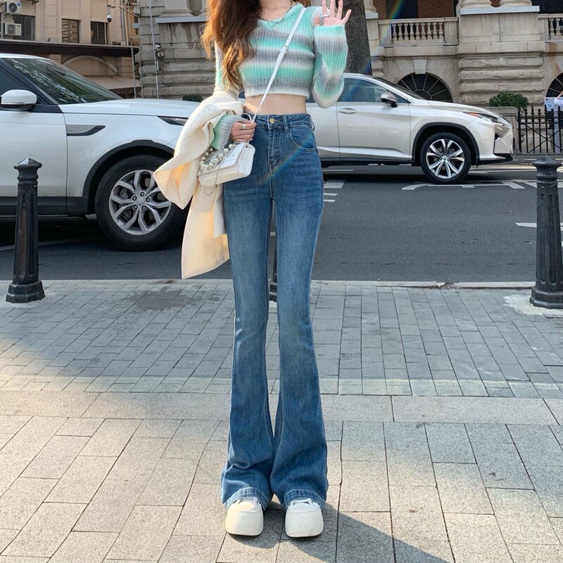 High-Waist Micro-Flared Pants for Women Spring 2024 New Autumn Korean Style Tall Horseshoe Straight Extra Long Jeans Trendy