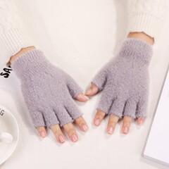 シンプルなぬいぐるみ手袋女性冬保温露出指手袋純色半指無蓋学生書字平板手袋