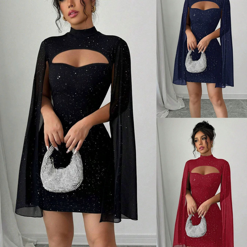 2026 Cross-Border European and American Women's Clothing Amazon Aliexpress Round Neck Ribbed Pearl Chiffon Cape Bodycon Dress for Women 2026 Cross-Border European and American Women's Clothing Amazon Aliexpress Round Neck Ribbed Pearl Chiffon Cape Bodycon Dress for Women