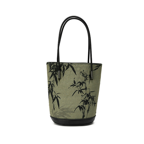 Antique printed handbag, antique cheongsam banquet handbag, ethnic style emerald bamboo leaf handbag