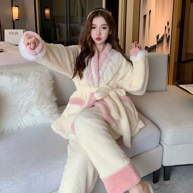 非лат Flannel зимняя теплая хлопковая демисезонная кораллово бархатная длинная пижама для принцесс, интернет-знаменитость, середина длины