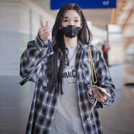 曾可妮同款黑白格子衬衫女长袖毛边格纹衬衣防晒外套宽松上衣春秋