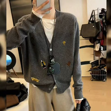V领刺绣卡通针织衫外套女2025秋冬新款韩系慵懒风针织衫上衣女