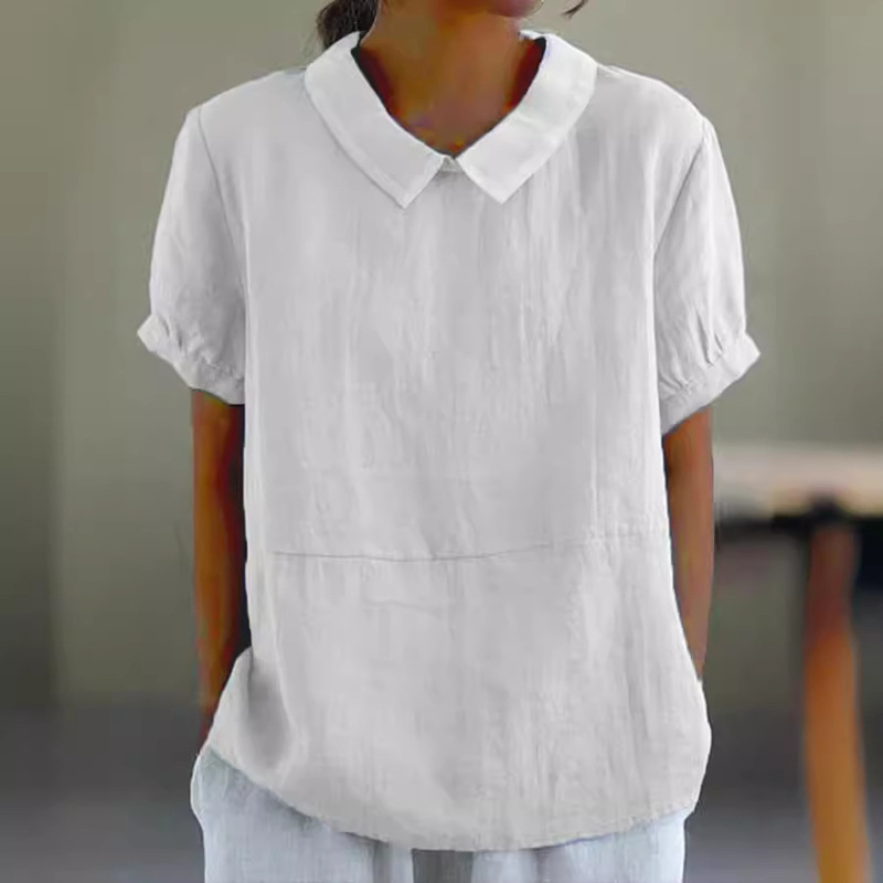 in stock AliExpress Independent Station Wish Hot Sale New Loose Lapel Shirt Women's Short Sleeve Cotton Top