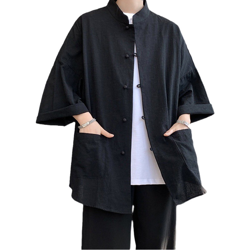 Nuevo estilo chino hebilla Tang traje de los Hombres estilo nacional de lino de manga corta Camisa de verano más el tamaño de algodón y lino Hanfu Bata