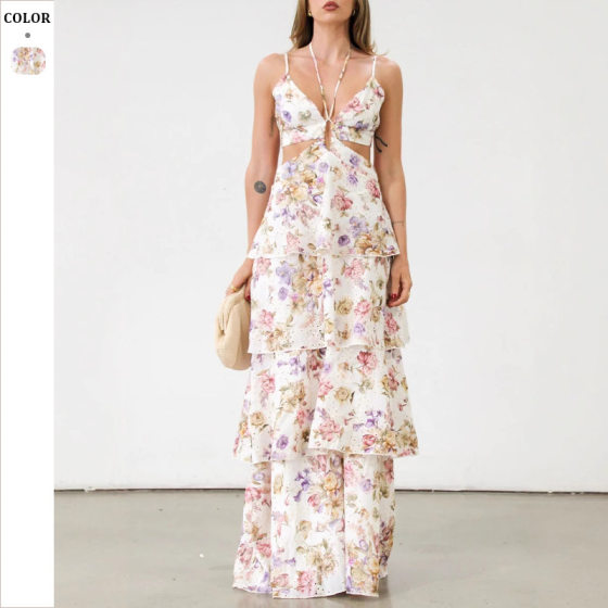 2025 spring women's cross-border Europe and the United States new sleeveless backless multi-layer printed dress seaside holiday dress