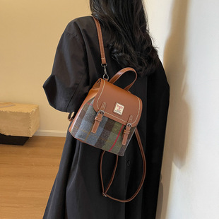 Bag Women's 2024 Wool Plaid Student Backpack Fashion Niche All-match Backpack for Going Out Casual Trendy Bag