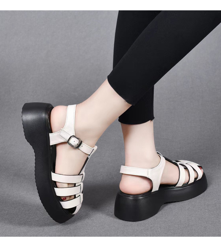Dép sandal nữ đế dày da thật kiểu La Mã, mũi kín đan xương cá, đi biển mùa hè — Màu đen chi tiết 16