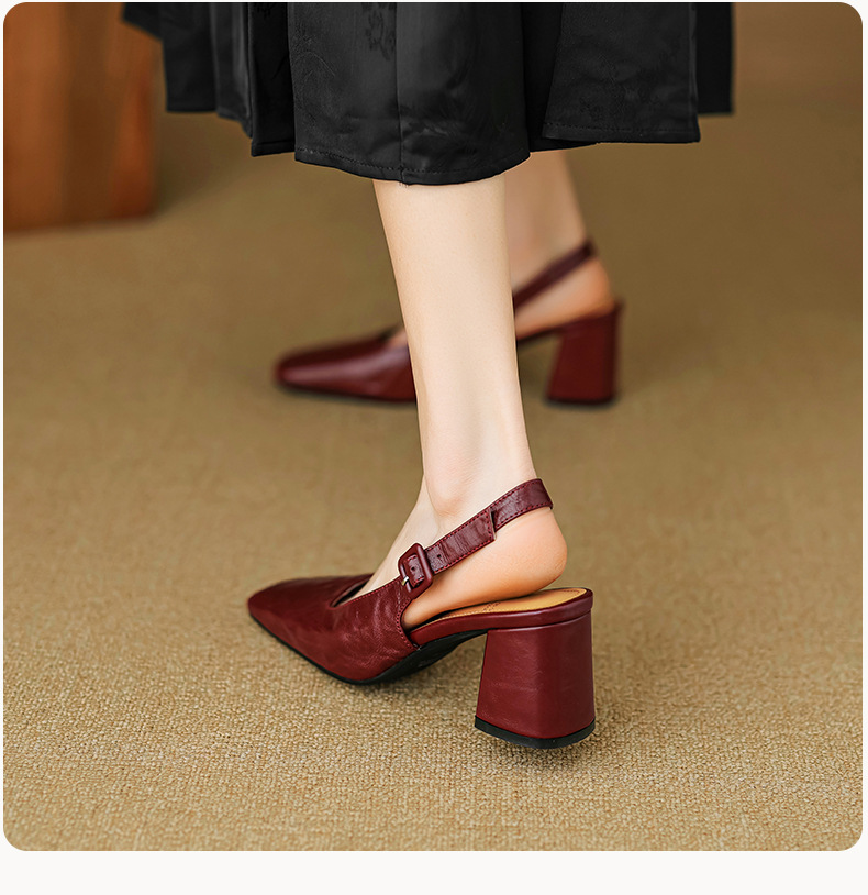 Sandal cao gót nữ mũi nhọn quai khóa, gót thô 9 cm phong cách Hàn Quốc — màu nâu chi tiết 18