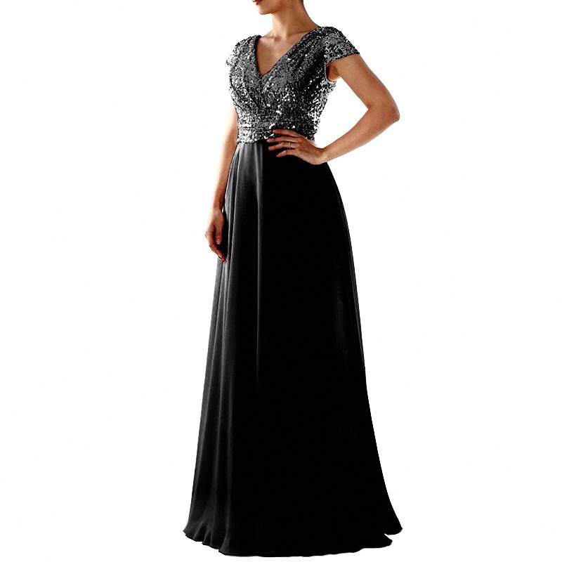 Europsko i američko prekogranično novo proljeće i ljeto Europska i američka odjeća vanjskotrgovinska haljina V-izrez sa šljokicama od šifona spojena večernja haljina duga suknja