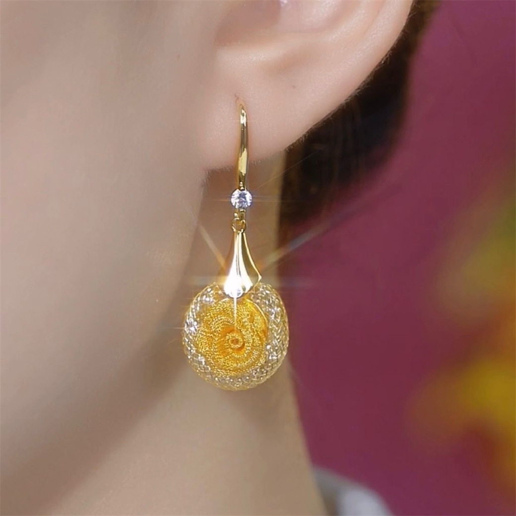 Tiktok Trending Gold Mesh Rose Flower Earrings with Teardrop Zircon Tassels, Floral Mesh Gold Earrings for Women