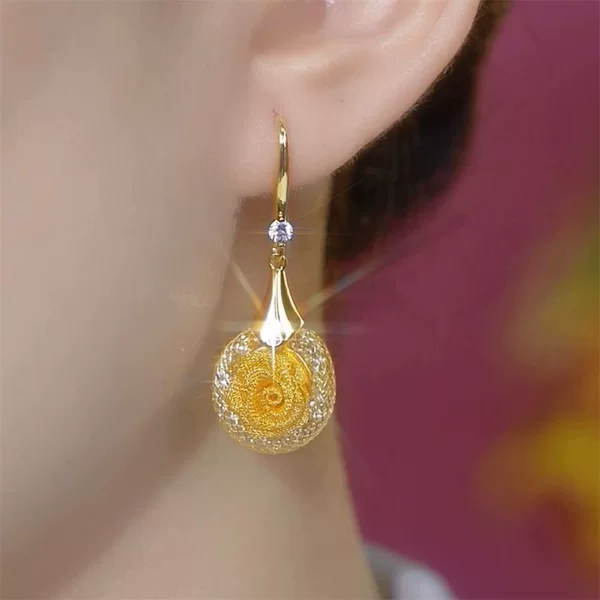 Tiktok Trending Gold Mesh Rose Flower Earrings with Teardrop Zircon Tassels, Floral Mesh Gold Earrings for Women