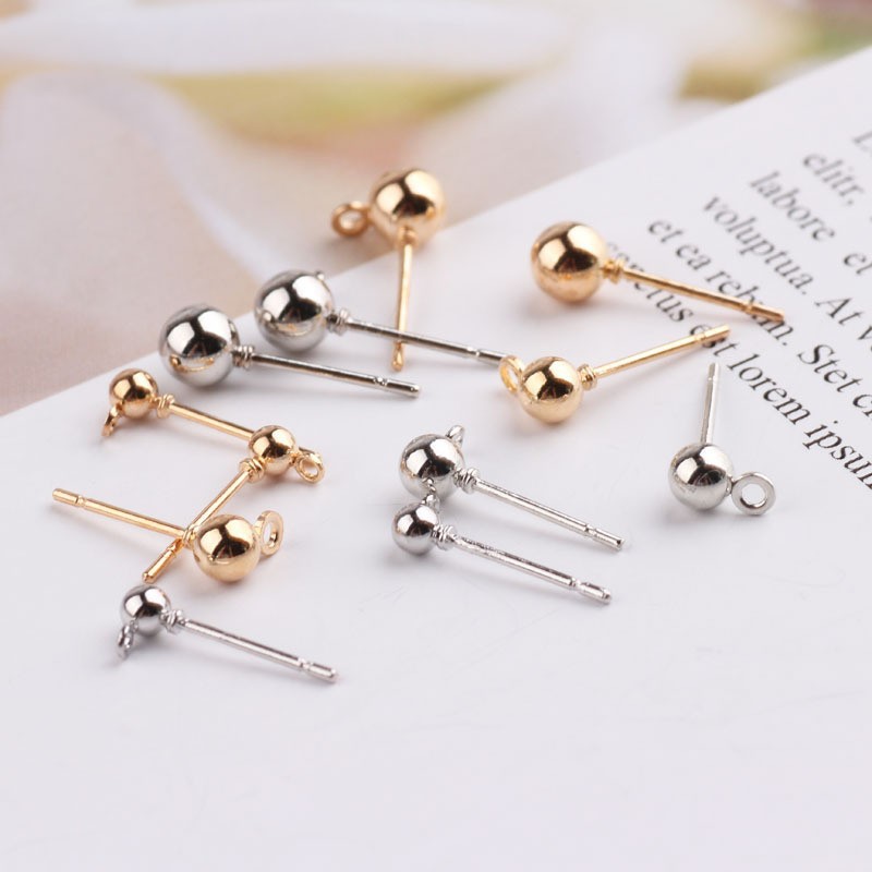 圆球耳针带吊珠针带吊耳环 diy饰品配件球针圆球耳钉