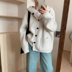 慵懒风连帽针织开衫上衣女跨境秋冬新款宽松复古软糯休闲毛衣外套