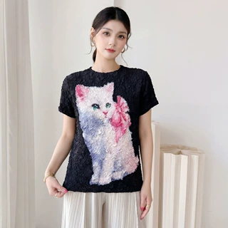 三宅风时尚褶皱减龄猫咪T恤2026夏季重工绣花百搭设计感女装上衣