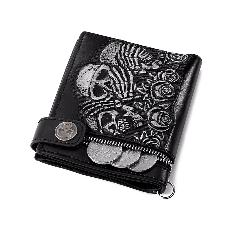 Amazon New Personalized Trendy Fashion New Long Short Men's Leather Clip Rose Skull Chain Wallet