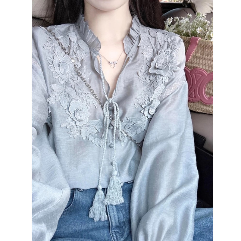 法式气质刺绣花朵设计感长袖衬衫女早秋宽松显瘦衬衣百搭上衣秋季|undefined