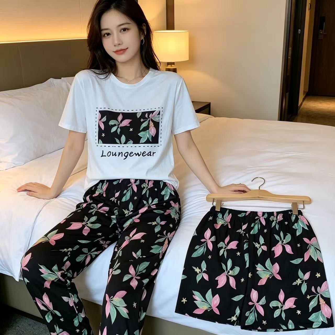 2025 New Summer Single-Sided Milk Silk Cute Cartoon Short-Sleeved Three-Piece Pajama Set