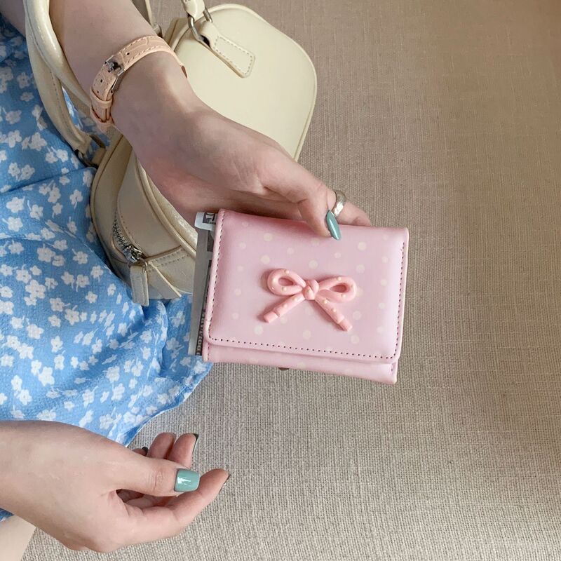 Ins Simple and Fresh Style Polka Dot Bow Short Wallet for Women, Large Capacity Multi-Card Slot Id Holder for Women