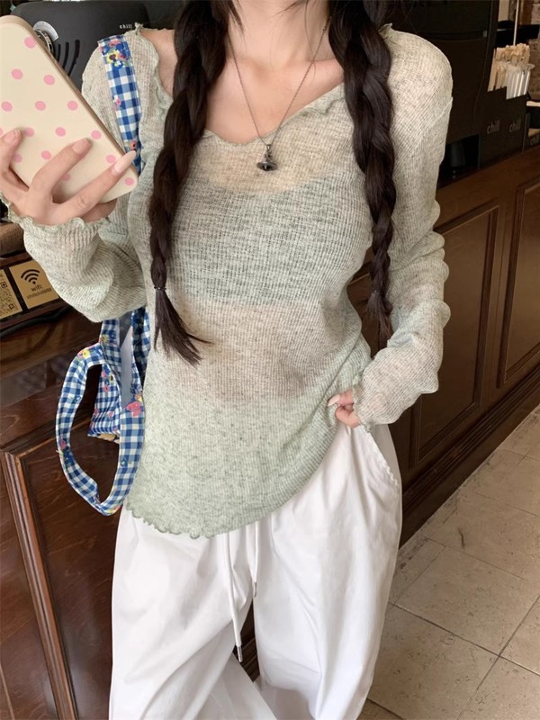 夏の新しいスタイルの微透け木耳日焼け止めブラウス、女性用、長袖、ゆったり、レイジーTシャツ、スイートガールトップ|undefined