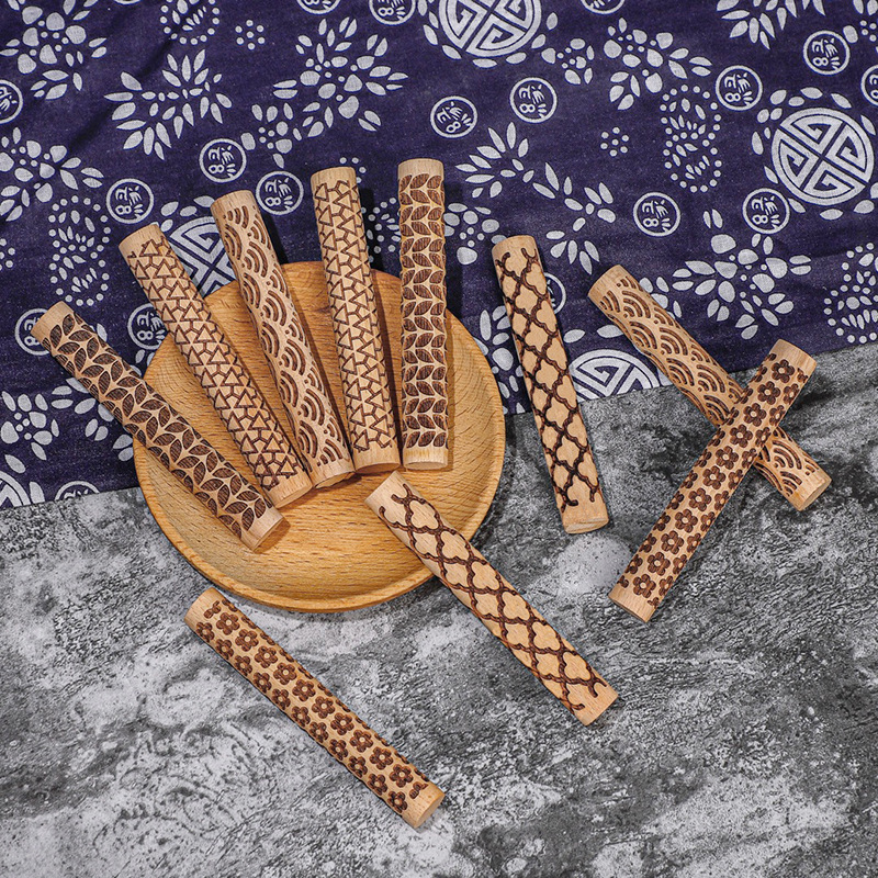New Beech Wood Laser-Engraved Embossed Wood Product Pattern Printing Clay Tool Rolling Stick Embossing Stick Printing Stick