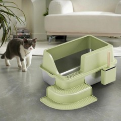 Amazon ベストセラー ステンレス製猫トイレ 半密閉階段 ABS 猫用シャベル付き猫トイレ 特大 飛沫防止