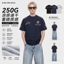 ARES男装美式复古徽章刺绣索罗娜正肩圆领短袖男夏季凉感t恤速干