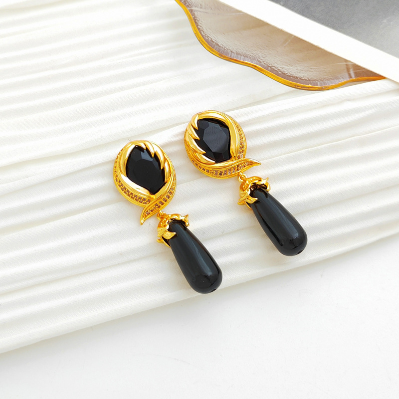 Retro Geometric Copper Inlay Resin Glass Zircon Drop Earrings 1 Pair