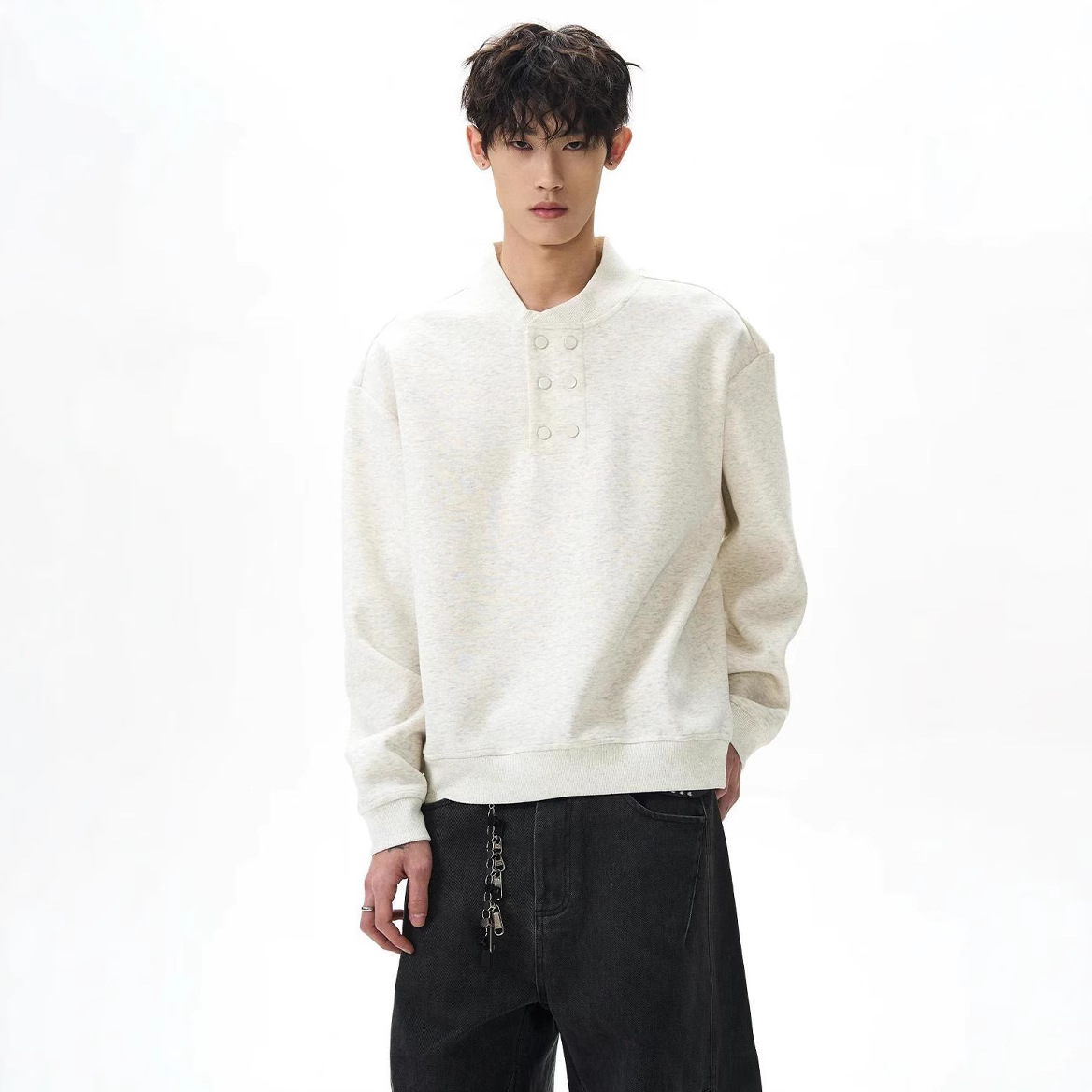 高街美式街头潮人春秋男士简约纯色双排扣亨利领休闲痞帅时尚卫衣