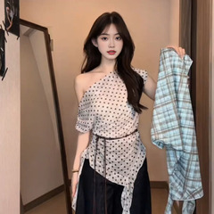 MR 【ベルト付き】韓国風水玉不規則半袖Tシャツコントラストチェック柄斜め肩トップス女性用夏