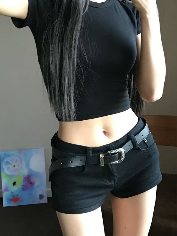 ギャルの黒い腰の低いデニムのショートパンツの女子学生の夏の新型のアメリカのレトロな弾力のガードルのお尻の熱いズボンの潮を包みます。|undefined