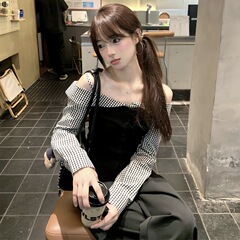 纯欲风韩系假两件格子拼接长袖T恤女秋季新款设计感吊带露肩上衣