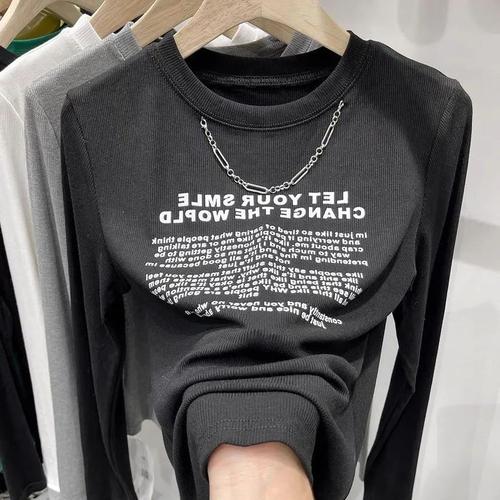 Pure Color Ribbed Knit Print Letter T-Shirt Women's Top Spring Chain Long Sleeve Base Shirt Trend